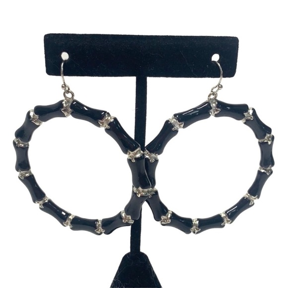 Cloisonné Hoop Earrings Black/Silver, Fish Hook Backs, 2.25” - Picture 3 of 3